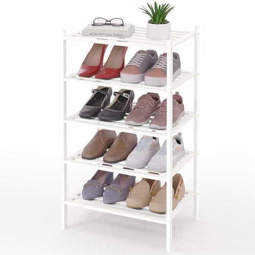 Smiry Bamboo Shoe Rack, 5 Horizontal Slats, 5 Tier - 17.3" Wide, White by Smiry