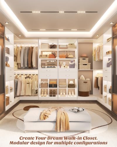 Besiost Closet System with 4 Drawers, 53.5" * 53.5"/ 31.5"*75.5" Closet Organizer System with Corner Tower, L Shaped Walk-in Closet System, Corner Closet System with Shelves, Set of 3, White - Image 7
