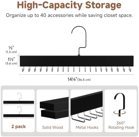 StorageWorks Tie Hanger with 20 Swivel Hooks, 2 Pack Wooden Hanger, Black - Image 2