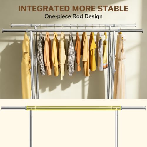 100% Stainless Steel Heavy Duty Clothes Rack Load 960LBS, Double Rod Clothing Rack for Hanging Clothes with Reinforced Rubber Rings, Extendable Rolling Garment Racks W/ Portable Wheel & Sturdy Shelves - Image 4