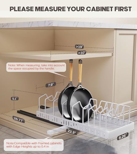 Pull Out Pots and Pans Organizer Under Cabinet, Expandable Sliding Lid Holder and Pan Rack for Kitchen, Slide Out inside Cabinet for Pot Lid, Bakeware, Dishes, 10 Adjustable Dividers, 2 Pack White - Image 2