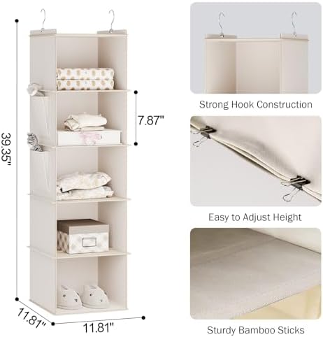 YOUDENOVA Hanging Closet Organizer and Storage for Clothes, 5-Shelf, Beige - Image 3