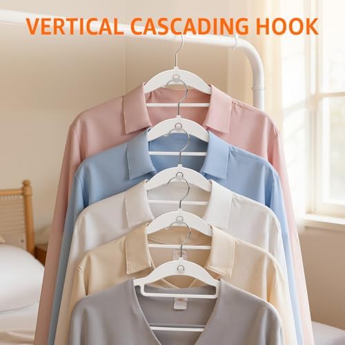 Yolife Cascading Plastic Clothes Hangers 20 Pack with Inner Hook for Vertical Storage, Slim Space Saving Hangers with Non-Slip Pads, 360° Swivel Metal Hook, Versatile, White & Gray - Image 2