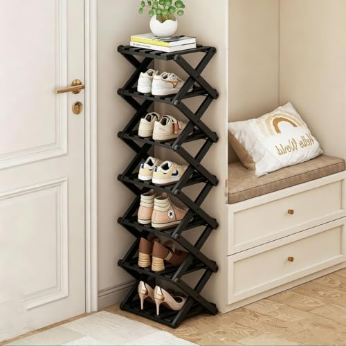 7 Tier Foldable Shoe Rack, Bamboo Vertical Shoe Organizer Tall for Multifunctional Narrow Shoe Shelf for Entryway, Closet, Corner, Bedroom, Hallway(Black) by XZXWZX