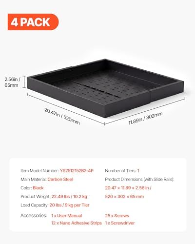 VEVOR Pull Out Cabinet Organizer, 4 Pack Expandable Width (12.2"-18.9"), 20.47" Deep Pull Out Drawers for Cabinets, Sliding Drawer for Kitchen Pantry Cabinet Organizer with Nano Adhesive Strips, Black - Image 7