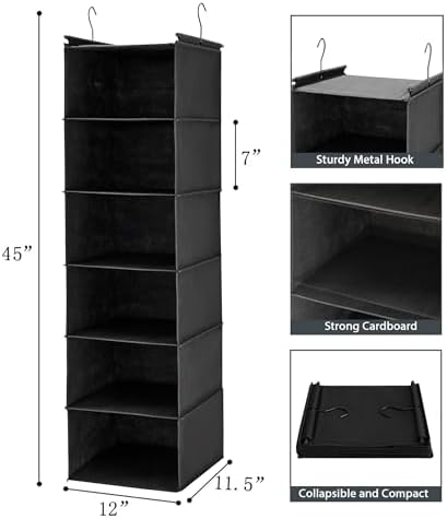MAX Houser 6 Tier Hanging Closet Organizer with 2 Sturdy Hooks, Black - Image 3