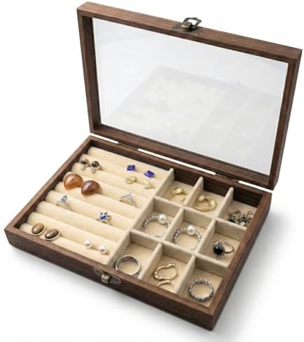 CT SUN Small Wooden Ring & Earring Organizer Box Case, Display Case with HD Glass Lid, Velvet Lining, Organizer for Women Rings Earrings Bracelets Brooches, Compact Size Jewelry Box for traveling by Unknown