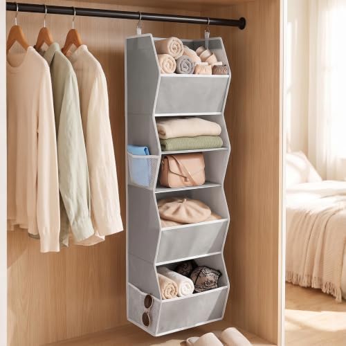 5-Shelf Hanging Closet Organizer, Trapezoid Closet Organizers and Storage with Side Pockets Space-Saving Hanging Clothes Shelves Fabric Storage Bins for Wardrobe Organization, Grey - Image 2