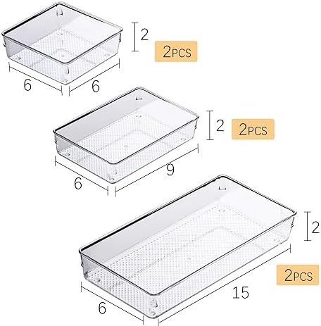3 Pack Clear Plastic Drawer Organizer Tray Cutlery Utensil Makeups Drawer Silverware Organizers 12" X 6"… (6P(6X6+6X9+6X15)) - Image 2