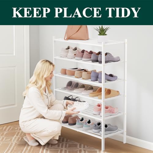 Smiry Bamboo Shoe Rack, 5 Horizontal Slats, 6 Tier - 26.8" Wide, White - Image 3