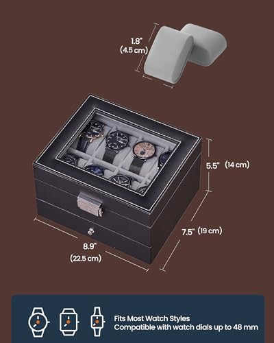 SONGMICS HOME Watch Box, PU Watch Case Organizer with Glass Lid, Removable Pillows, Metal Hardware, Lockable, 8 Slots, Black and Gray - Image 6