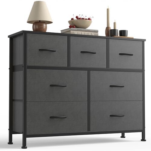 Sweetcrispy 7 Drawer Dresser for Bedroom Storage with Fabric Bins, Gray by Sweetcrispy