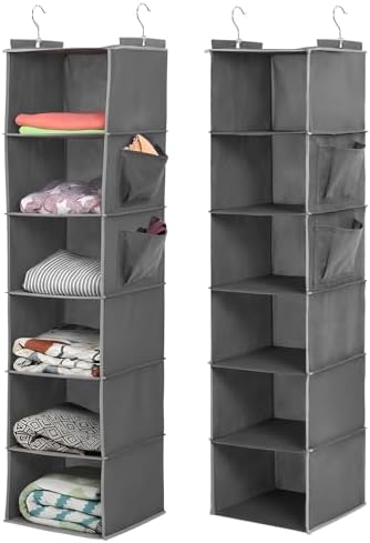 2 Pcs Hanging Closet Organizer, 6-Shelf Storage with 2 Side Pockets and Hooks, for Clothes Sweaters Shoes Accessories, Space-Saving for Dorm RV Small Closet, Grey - Image 7