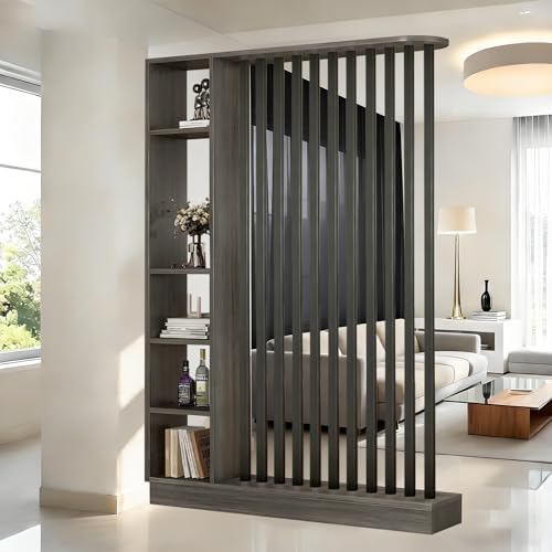 Wall Room Divider with Shelves Freestanding Room Divider with Storage Shelf Entrance Hall Partition Screen Column Floor to Ceiling Screen Column Floor to Ceiling,Gray Oak+Black,L55 xW9 xH79 by ZLGONRL