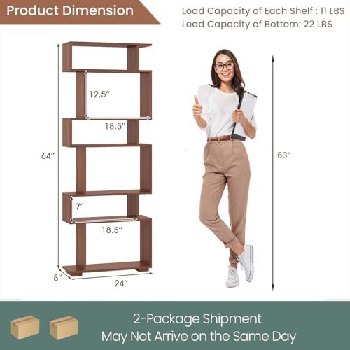 6 Tier S Shaped Bookshelf, Wood Geometric Bookcase, Modern Room Divider and Display Shelf, 64" Tall Staggered Bookshelf for Bedroom Living Room Office Study (2, Walnut) - Image 2