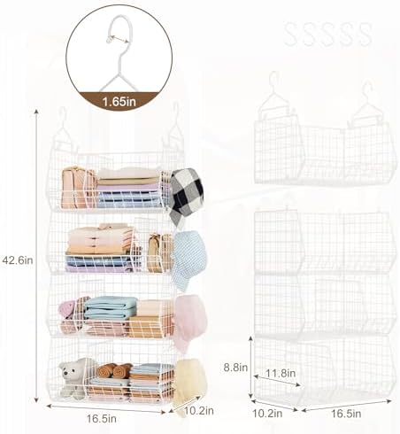 4 Tier Extra Large Hanging Closet Organizer ,Closet Organizer Hanging with 5 S Hooks 4 Dividers,Clothes Organizer Clothing Sweaters Clutches Handbags Hats Accessories-White - Image 7