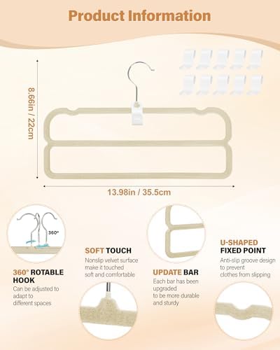 10 Pack Velvet Pants Hangers Space Saving, Non Slip 2-Layer Hanger (Beige) - Image 3