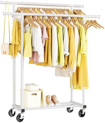 HYSEYY Double Rods Clothes Rack, Rolling Clothing Rack for Hanging Clothes Portable Wardrobe Rack, Metal Garment Rack Sturdy Coat Rack for Bedroom Laundry Living Room, White by HYSEYY