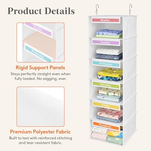 Lifewit 6 Shelf Weekly Hanging Clothes Storage Organizer for Kids, White - Image 2