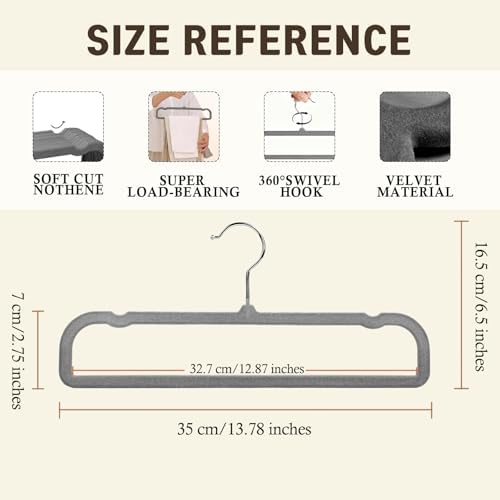 Velvet Pants Hangers with Non Slip Bar, 20 Pack Felt Slack/Trouser Hangers for Closet, Slim Space Saving Closet Perchas Terciopelo 360° Swivel Hook for Tank Top, Bra, Shorts, Jeans, Towel (Grey) - Image 2