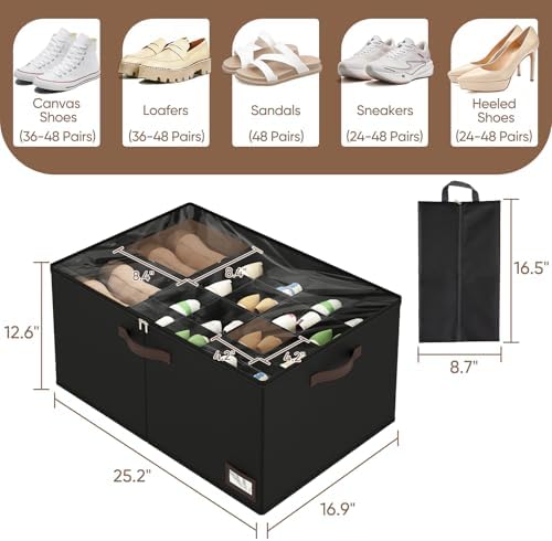 OIAHOMY 2 Pack Shoe Organizer for Closet, Large Foldable Shoe Storage Bins with Dividers and Reinforced Handles, Each Clear Cover Sneaker Box Fits Up to 24 Pairs for Entryway and Bedroom, Black - Image 3