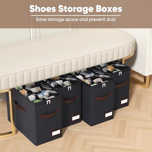 OIAHOMY 4 Pack Shoe Organizer for Closet, Foldable Shoe Storage Bins with Adjustable Dividers, Stackable Oxford Cloth Sneaker Boxes for Entryway Bedroom, Fits Up to 32 Pairs, Black - Image 2