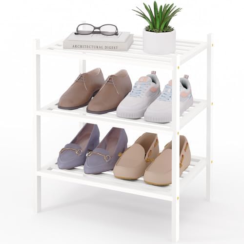 Smiry Bamboo Shoe Rack, 5 Horizontal Slats, 3 Tier - 17.3" Wide, White by Smiry