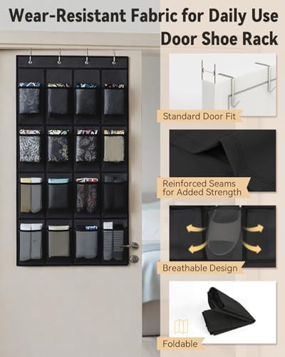 dodowin Over the Door Shoe Organizer, 16 Mesh Pockets, 4 Hooks, Black - Image 3