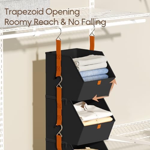 Homsorout Collapsible Hanging Closet Organizer - 3 Tier Closet Shelves Storage System with Hooks, Fabric Hanging Storage Bins for Clothes, Foldable Storage Basket for Laundry, Bedroom, Rv, Black - Image 4
