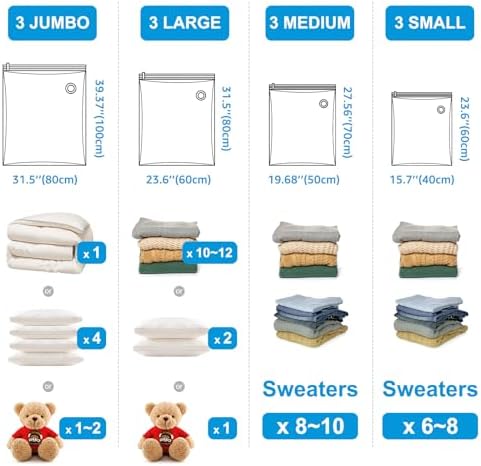 BoxLegend Vacuum Storage Bags with Large Hand Pump 12 Combo (3 Jumbo,3 Large, 3 Medium, 3 Small) Thickened Vacuum Seal Bags for Clothing Coat Bedding Quilt Blanket Pillow Comforters - Image 6