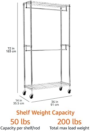 Amazon Basics Adjustable Clothes Rack for Handing, Double Hanging Rod Garment Rolling Closet Clothing Organizer, Chrome, 36'' x 14'' x 72'' - Image 5