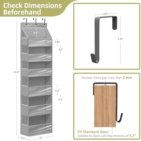 Over Door Organizer with 6 Extra Large Pockets and 12 Side Pockets, Large Capacity Hanging Storage Organizer with Clear Window for Shoes, Diapers, Grey, 6 Layers, 2-Pack - Image 2