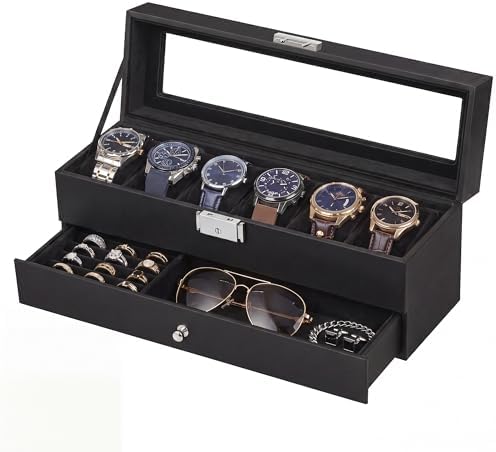 SONGMICS HOME Watch Box, PU Watch Case Organizer with Glass Lid, Removable Pillows, Metal Hardware, Lockable, 6 Slots, Black by SONGMICSHOME