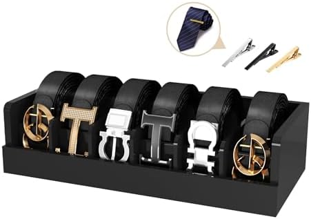 Belt Organizer for Closet - 6 Grids Black Bamboo Belt Storage Organizer Racks for Men Women's Drawer, Belt Display Holder Wall Mount with 2 Pcs Tie Clip by TheNordicZen