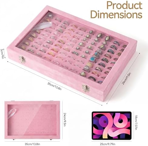 Frebeauty 100 Slots Ring Organizer Tray,Velvet Ring Box with Clear Lid - Image 3