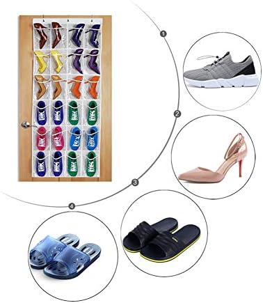 Over The Door Hanging Shoe Organizer Rack Holder Home Non-woven Transparent Storage Bag 24 Pockets With 3 Hooks (White) - Image 2