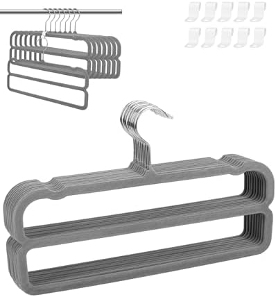 10 Pack Velvet Pants Hangers Space Saving, Non Slip 2-Layer Hanger (Grey) by Yxspace