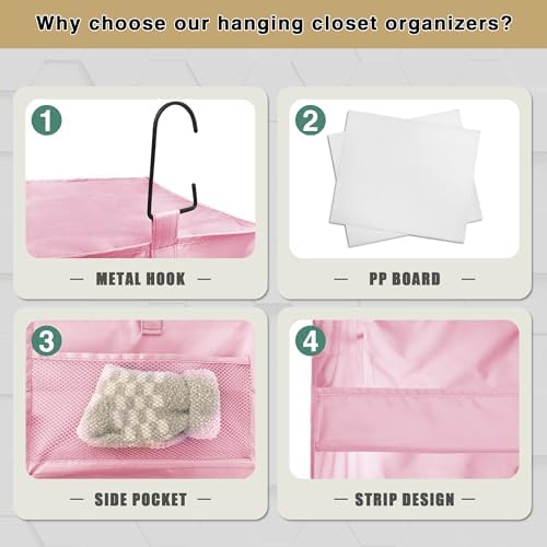 3-Shelf Hanging Closet Organizer, Washable Foldable Storage Shelves, Pink - Image 5