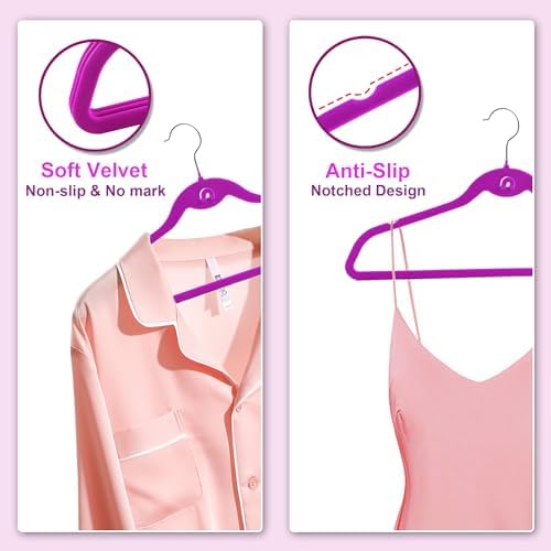 Multi-Color Velvet Hangers 50 Pack with Cascading Hooks, Non-Slip Black, Pink, White, Grey, and Purple Velvet Hangers for Clothes, Suits, and Coats - Image 2