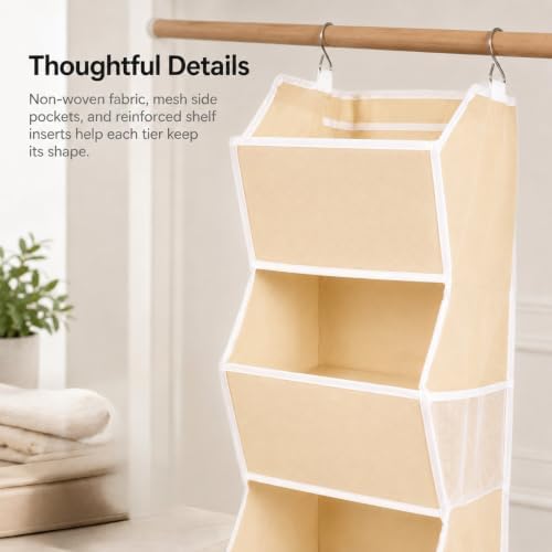 4-Shelf Hanging Closet Organizer and Storage, Fabric Storage Bins Bedroom Organization with Mesh Pockets, Collapsible Hanging Shelves Wardrobe Organization for Home, Dorm, Rv (Beige) - Image 5