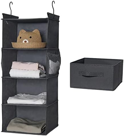 MAX Houser 4-Shelf Hanging Closet Organizer, Space Saver, Cloth Hanging Shelves with 2 Side Pockets, Foldable (Grey) - Image 3