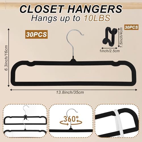 Pants Hangers Space Saving, 30 Pack Velvet Hangers for Closet with 30 Hooks, Strong Durable Non Slip Slim Clothes Hanger, Ultra Soft Flocked Hanger for Pants, Shirts, Bra, Shorts (Black) - Image 2