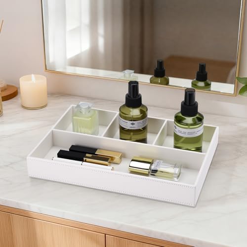 KINGFOM PU Leather Desk Drawer Organizer, 4 Compartment Office Supplies Stationery Storage Tray, Desk Organizers and Accessories Drawer Organizer Tray for Home, Makeup, Jewelry Stackable White - Image 7