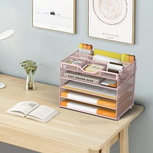 5 Tier Paper Letter Tray Desk Organizer with Pen Holders - Pink - Image 6