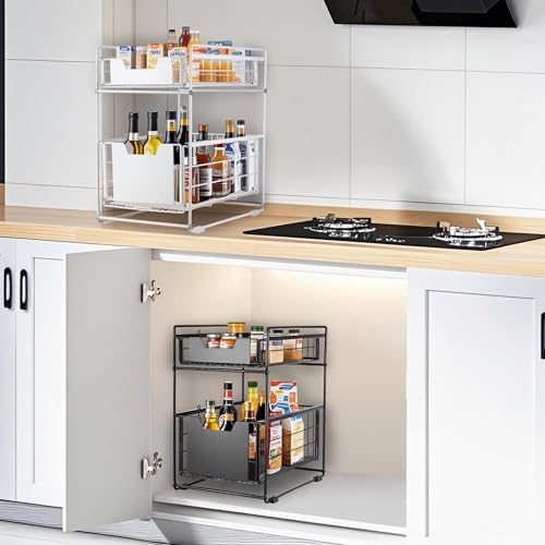 2 Tier Under Sink Organizer,Slide Out Kitchen Cabinet Organizer,Pull Out Pantry Storage with 2 baskets, Office Supplies,Kitchen,Bathroom Organizer with Sliding Drawer,Large Capacity,Multi-Use - Image 7