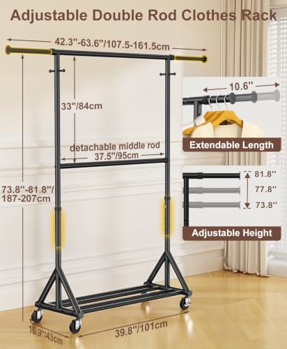 100% Stainless Steel Heavy Duty Clothes Rack Load 860 LBS, Two Tier Rolling Garment Rack with Wheels, Adjustable Double Rod Clothing Rack for Hanging Clothes, Closet Rack for Storage and Organization - Image 6