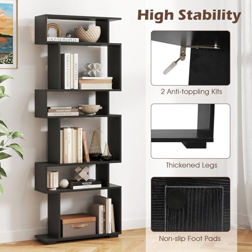 6 Tier S Shaped Bookshelf, Wood Geometric Bookcase, Modern Room Divider and Display Shelf, 64" Tall Staggered Bookshelf for Bedroom Living Room Office Study (1, Black) - Image 4