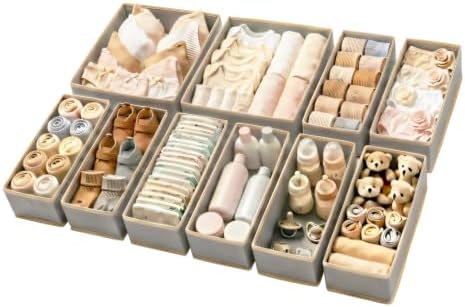 Drawer Organizer for Clothes & Underwear Light Grey - 10 Pack Foldable Fabric Storage Bins for Nursery, Bra Sock Organizer for Dresser Baby Clothes Organizer Set by Unknown
