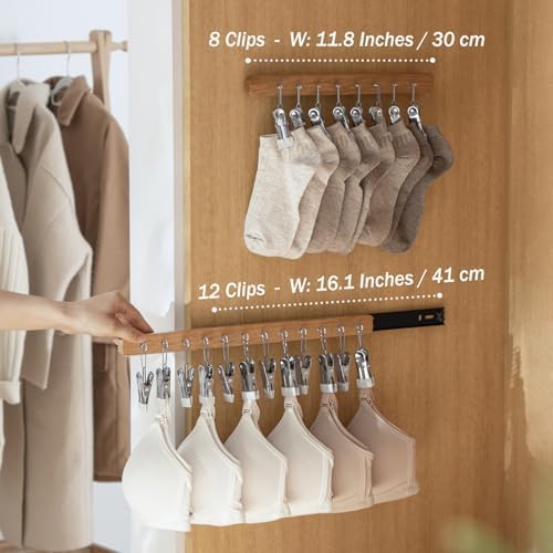 Pull Out Hat Rack for Closet, Sliding Hooks Hanger Rack with Clips for Bras Caps Underwear Socks Scarves Gloves Handkerchiefs, Dual Side 12 Clips Rail, 2 Pcs - Image 2