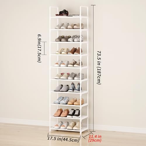 10-Tier Large Capacity Shoe Rack, Sturdy Narrow Shoe Stand for Entryway, Closet, Hallway, 20-25 Pairs Waterproof Dustproof Shoe Storage, Space Saving Tall Shoe Tower(White) - Image 2